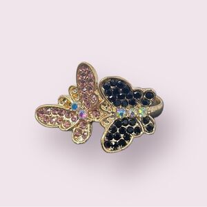 Butterfly Black & Pink Rhinestone Crystal Gold Ring